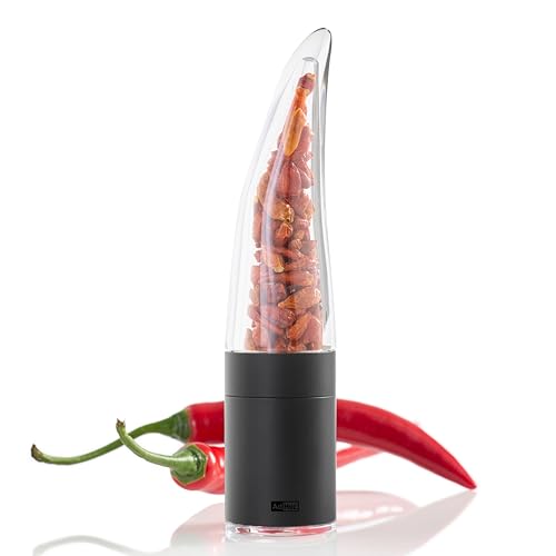 AdHoc Chilimühle Pepe mit Chili Schoten Füllung | Chilischneider mit original SchneidWerk | Gewürzschneider in edler Geschenk Verpackung | Edelstahl in schwarzem Lack