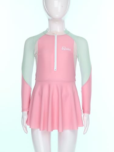renvena Girls 2-Piece Rash Guard Swimsuit Kids Long Sleeve Zip-up Color Block Dress with Shorts4