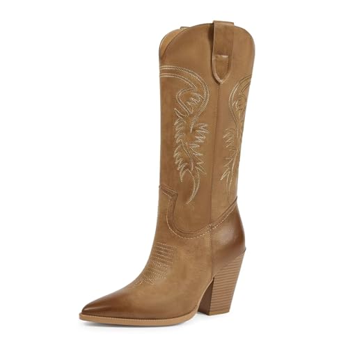 Image of ISNOM Cowboy Boots Cowgir Boots for Women, Pointed Toe Chunky Heel Western Boots