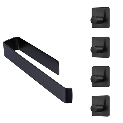 MORCI Toalleros de Baño sin Taladro - Juego de Accesorios baño con 4 Ganchos Adhesivos para Pared y 1 Toallero Adhesivo baño de 30cm, Negro de Acero Inoxidable, para un hogar organizado y Moderno
