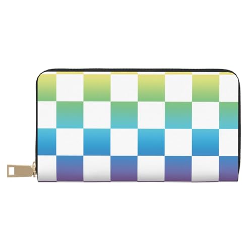 Pastel Rainbow Checker Print Wallet Women, Leather Bifold Multi Card Wallet, Long Purse Women's Wallets
