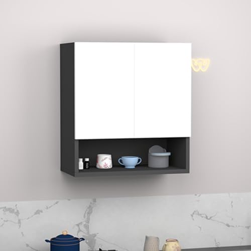 Image of 2 Door Multipurpose Wall Mounted Cabinet with Adjustable & Fixed Shelf | Storage for Kitchen, Bathroom, Office & Living Room | Assembly-DIY | Color-Grey & White | Size-60x33x63.8 Cm