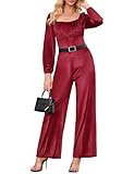 MAKABO Women's Burgundy Jumpsuit, Long sleeve One Piece Rompers Casual Christmas Pants for Travel Holiday Wedding, L