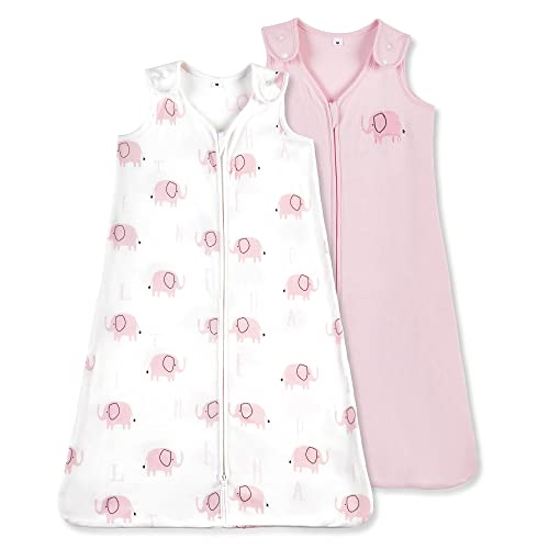 Image of TILLYOU Cotton Sleep Sack 2 Pack - TOG 1 Baby Wearable Blanket with 2-Way Zipper, Extra Soft Sleeveless Sleeping Bag for Infants, Pink Elephant & Light Pink, 0-6 Months