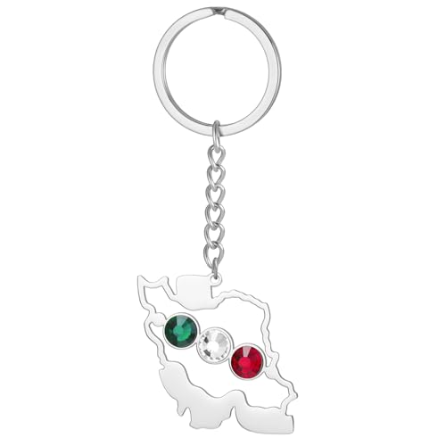 LIKGREAT Porte-Clés Carte de l’Iran en Acier Inoxydable Porte-Clés Strass aux Couleurs du Drapeau Iranien, Porte-Clés Patriotique Iranien pour Clés de Voiture et Charm de Sac (argent)