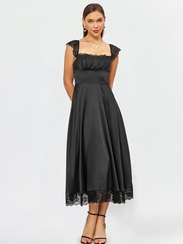 Image of EYNMIN Lace Strap Chiffon Dresses for Women Casaul Flowy A Line Midi Tea Party Dress