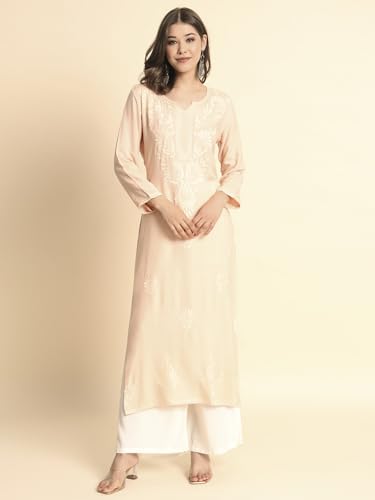 Image of VAIRAGEE Women's Embroidered Lukhnavi Chikankari Work Straight Rayon Ethnic Kurta | Casual Office Kurta for Women