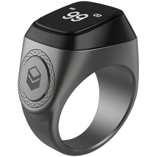 Smart Tasbih Zikr Ring E01 Muslim Prayer Timing Reminder with OLED Display Tasbih Counter Wearable Technology 5 Time App Notification (Black Gray 18mm)