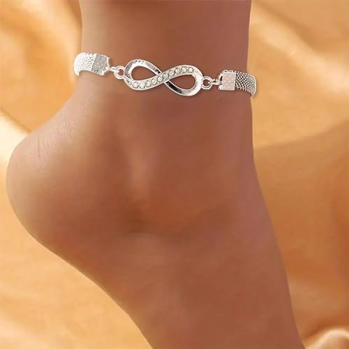 Image of Fesciory Silver Ankle Bracelets for Women, Adjustable Rhinestone Pendant Tennis Anklet, Butterfly Heart Infinite Diamond Summer Beach Foot Chain Jewelry Gifts