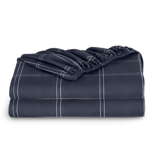 Bare Home 2-Pack Fitted Sheet (Full, Modern Plaid - Midnight Blue/White)