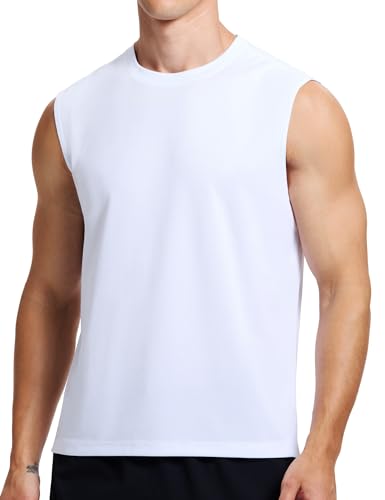 ALLTHRO Mens Workout Tank Tops Quick Dry Sleeveless Running Shirts Gym Muscle Bodybuilding Shirts for Men White Large