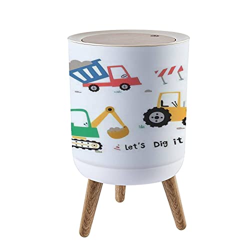 Image of Small Trash Can with Lid Cute Construction Trucks for Kids Round Recycle Bin Press Top Dog Proof Wastebasket for Nursery Playroom Bedroom Office 7L /1.8 Gallon