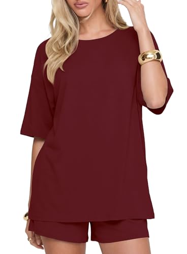 Image of Darong Women's 2 Piece Shorts Set Loungewear | oversized tshirts,crew neck top,drawstring shorts,elastic waist, side pockets,summer travel outfits