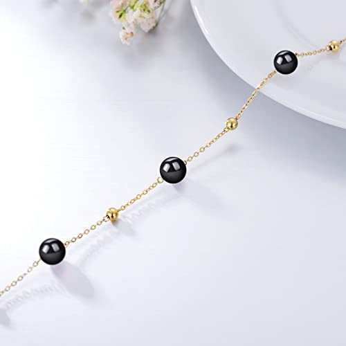 14K Gold Gemstone Bracelets For Women Solid Gold Opal Turquoise Black Onyx Bead Bracelet For Her, 6.5''-8.5''(Black Onyx) #TOP3