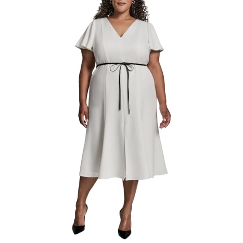 Image of DKNY Women's Short Flutter Sleeve V-Neck Tie Belt Fit and Flare Dress
