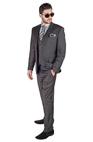 Slim Fit 3 Piece Vested Solid Dark Charcoal Grey Suit 2 Button Notch Lapel AZAR3