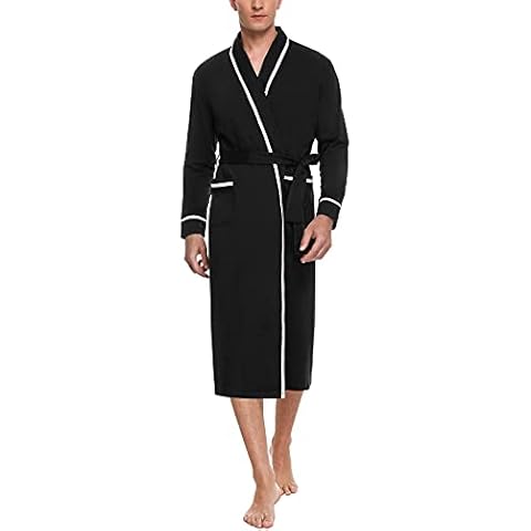 Uniexcosm Mens Dressing Gown Soft Bathrobe for Man Cotton Knit Long Robe V Neck Kimono Robes Sleepwear Loungewear Lightweight Housecoat Nightgown Black Cover