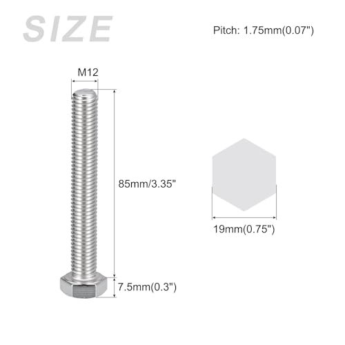 Image of METALLIXITY Hex Bolts (M12-1.75x85mm) 4Pcs, 304 Stainless Steel Coarse Fully Threaded Hex Head Screw Bolt Machine Screws - for Furniture Repair, Silver
