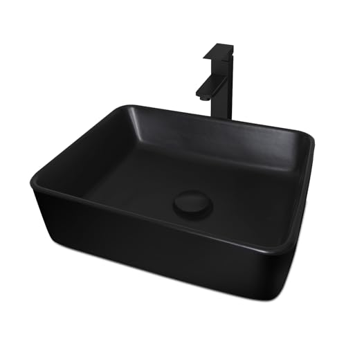 Ceramic Bathroom Sink, Black 19' x 15' Above Counter Porcelain Vessel Sink with Black Faucet and Pop...