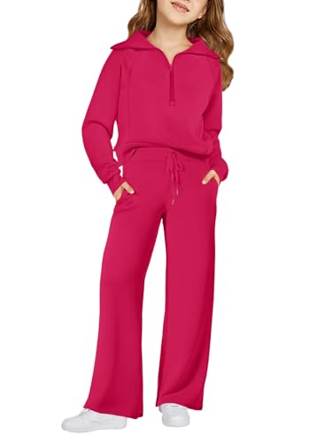 Image of Haloumoning Girls 2 Piece Outfits Sweatsuit Half Zip Long Sleeve Sweatshirts Sweatpants Tracksuit Sets 5-14 years