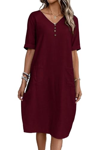 Sommerkleid Damen V-Ausschnitt Leinen Kleider Kurzarm A-Linie Kleid Midikleid Strandkleid Freizeitkleid mit Taschen