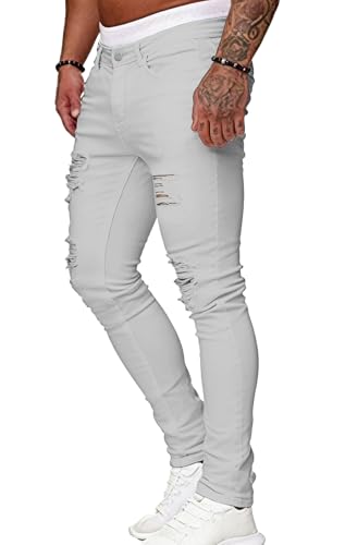 Image of HUNGSON Men's Blue Slim Fit Jeans Stretch Destroyed Ripped Skinny Jeans Side Striped Denim Pants