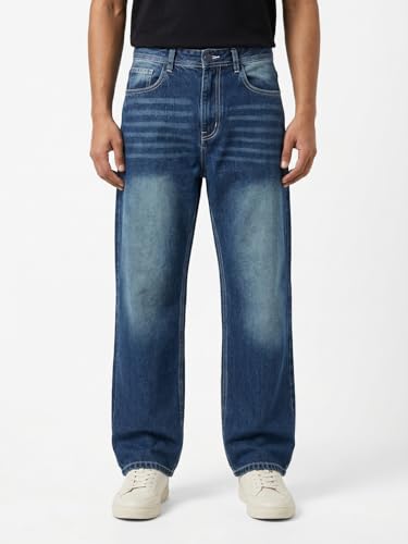 Image of Men's Wide Leg Green Baggy Denim Jeans | Loose Fit Streetwear Denim Pants for Men | Stylish Vintage Fashion Comfortable Denim Jeans