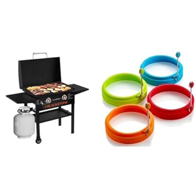 Blackstone 1883 Gas Hood & Side Shelves Heavy Duty Flat Top Griddle Grill Station for Kitchen, Camping, Outdoor, Tailgating, Countertop 28 inch Black & Emoly Silicone Egg Ring, Egg Rings