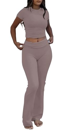 Image of AYWA Women's 2 Piece Lounge Sets Short Sleeve Crop Top Foldover Flare Pants Casual Pajama Outfits
