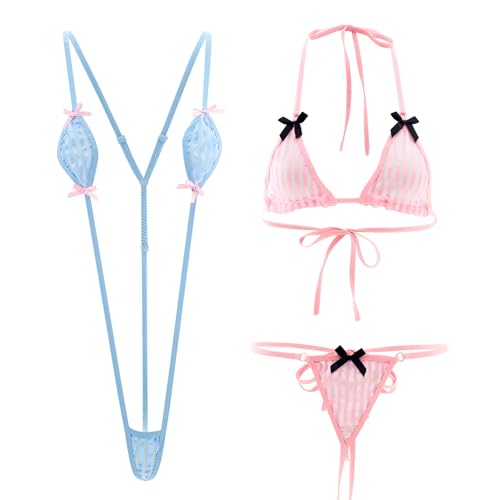 Zhanmai 2 Pcs Womens g String Thong Bikini Slutty Bikini Women's Exotic Lingerie Sets Swimwear for Beach Party (Blue，Pink,One Size)