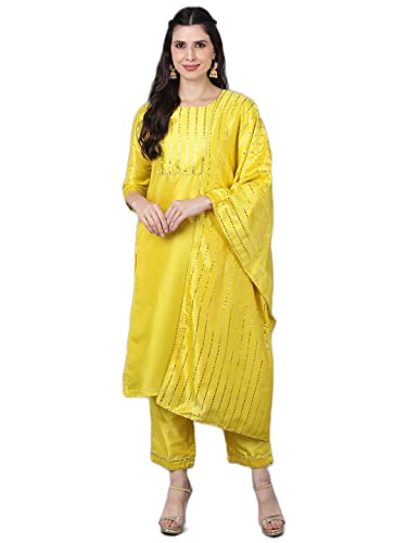 Image of Vaamsi Women's Poly Silk Embellished Solid Straight Kurta Pant with Dupatta