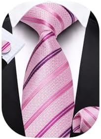 Barry.Wang Pink Tie Set for Men Silk Stripe Handkerchief Cufflink Formal