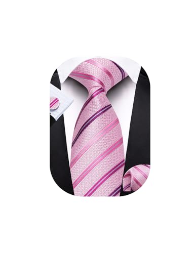 Barry.Wang Pink Tie Set for Men Silk Stripe Handkerchief Cufflink Formal