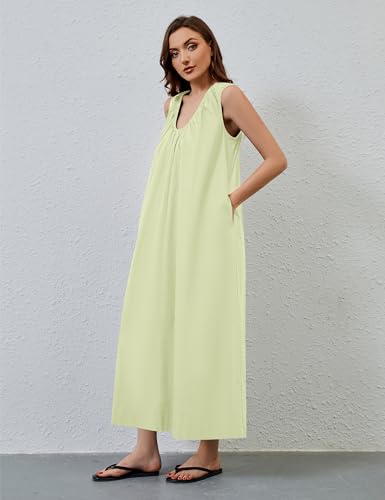 Image of OLAPTA Women Summer Sleeveless Maxi Dress Scoop Neck Ruched Loose Fit Casual Elegant Solid Vacation Long Dress with Pockets