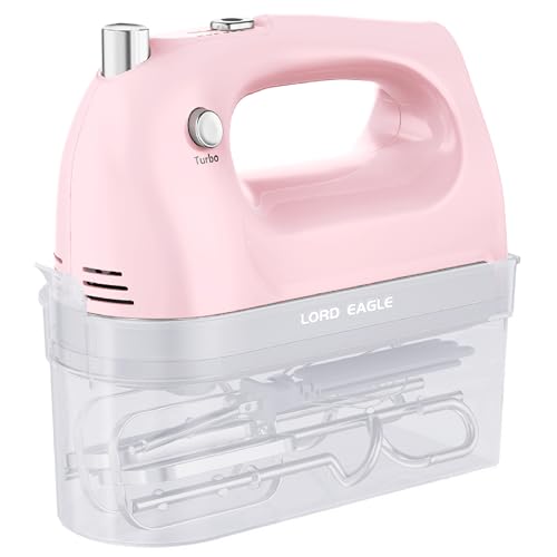 Lord Eagle Hand Mixer Electric Handheld 400W, 5-Speed Lightweight Kitchen Mixer with Storage Case, 5 Stainless Steel Attachments for Baking Cake Egg Cream Food Beater, Turbo+Eject Button, Pink