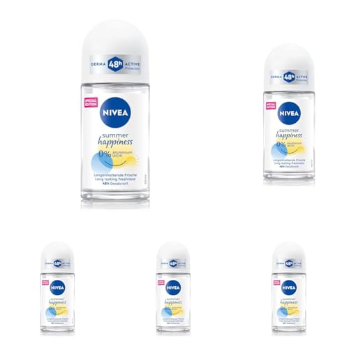 NIVEA Summer Happiness Deo Roll-On, Deoroller ohne Aluminium (ACH) mit sanfter Pflege, Deodorant mit 48h Schutz und Derma Active Protection (50 ml) (Packung mit 5)
