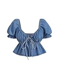 BEAUDRM Women's Puffed Short Sleeve Denim Blouse Bow Tie Front Shirts Top Peplum Ruffle Hem Blouse Tops Blue Large