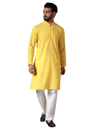 Image of Men's Solid Regular Fit Ethnic Wear White Kurta Pajama Set with Front Pocket
