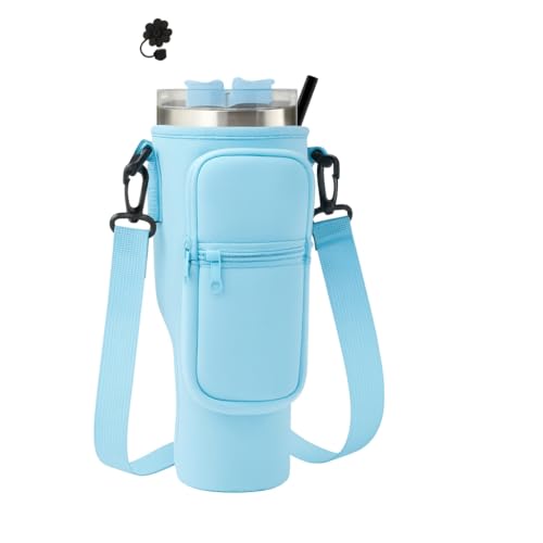 Bolsa Porta Garrafa, Squeeze, Copo Térmico Com Alça Ajustável Shoulder Bag com bolso para celular, de neoprene, com alça ajustável, tampa para canudo e mosquetão (Azul Claro)