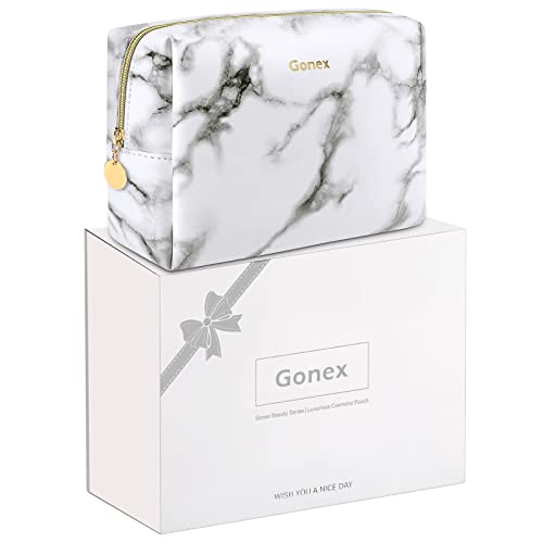 Gonex Large Makeup Bag for Purse, Water-Resistant PU Vegan Leather Travel Cosmetic Pouch with Gift Box, Portable Toiletry Bag for Women Girls Daily Storage Organizer White Marble