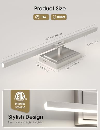 Image of VOLISUN Modern Bathroom Vanity Light 24 inch, Rotatable, 14W Dimmable 5CCT Led Bathroom Light Fixture Over Mirror, Brushed Nickel Bar Vanity Light for Bathroom Mirror Restroom-ETL Certificated