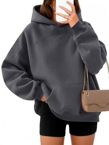 Timuspo Hoody Damen mit Kapuze Sport Langarm Kapuzenpullover Bequeme Oversize Sweatshirt Einfarbig Pullover Winter Y2K Oberteile Langarm Dunkelgrau M