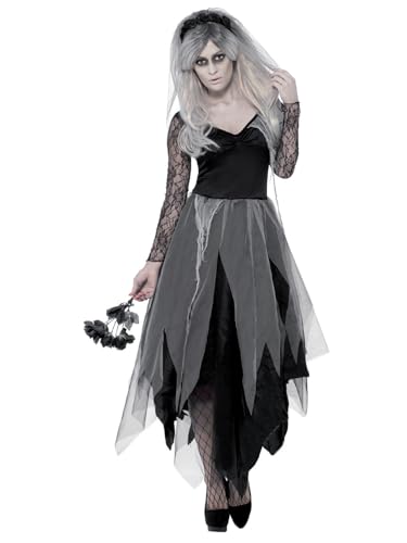 Smiffys Adult Women's Graveyard Bride Costume, Dress and Rose Veil, Legends of Evil, Halloween, S - UK Size 08-10, Black