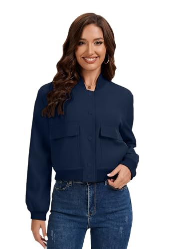 imbpceu Women Bomber Jacket Casual Long Sleeve Button Down Varsity Jackets with Pockets4