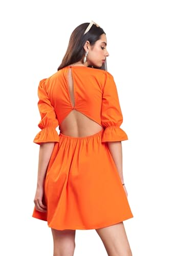 Image of Orange Poplin Back Waist Cut-Out Short Dress