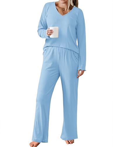Ekouaer Womens Ribbed Knit Pajamas Set V Neck Long Sleeve Pj Set 2 Piece Loungewear Casual Sleepwear