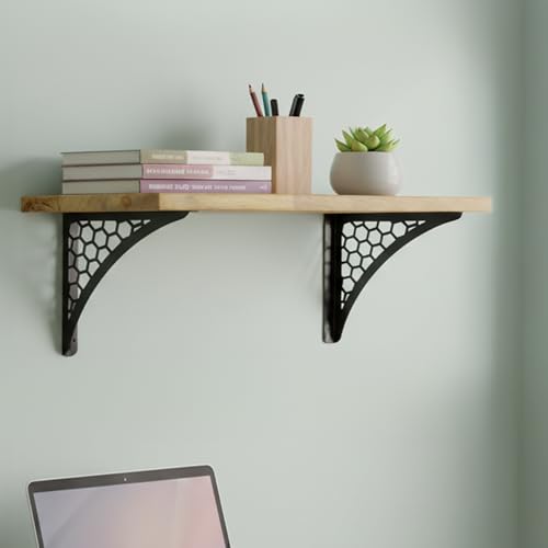Image of Wall Shelf with Wooden Top Black|White Iron Brackets Storage Rack|Industrial Wall-Mounted Floating Shelf for Living Room,Kitchen,Bathroom (Black Hexagon Large)