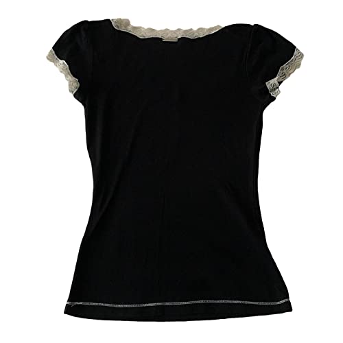 Y2K Fairy Lace Trim Top for Teen Girls Short Sleeve Slim Fit T-Shirts 2000s Tees Aesthetic Clothes2