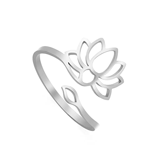 TEAMER Bague de Lotus redimensionnable en acier inoxydable Bague de point-virgule Yoga Méditation Om Symbole Anneau Bijoux inspirants pour femmes Ados Filles...