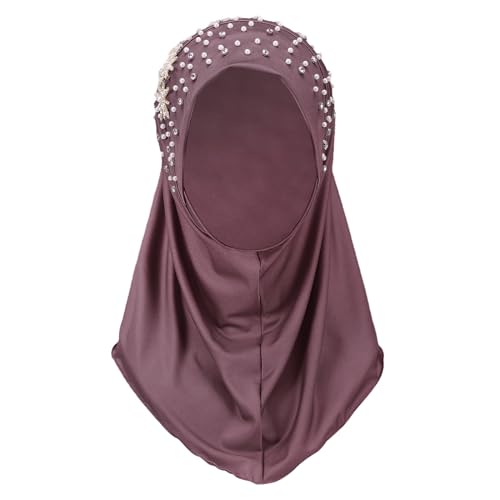 JIAHG One Piece Bling Rhinestone Pearl Hijab Scarf for Women Muslim Plain Color Long Instant Turban with Flower Tassel Accent3